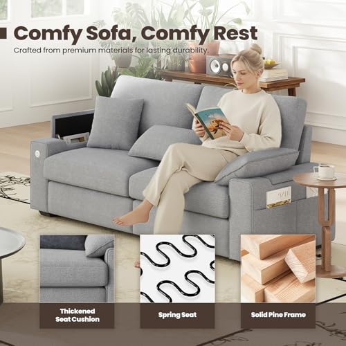 Image of MALOL 76 inch Loveseat Couch, 3 Seater Upholstered Midcentury Mondern Love Seat with USB Type C Ports, 4 Pillows and Storage Armrest Cloud Foam Sofa for Living Room /Small Spaces, Grey | Breathable material