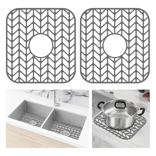 AWOKE Silicone Sink Protectors for Kitchen Sink, 12' x 11' Mat for bottom of sink, Center Drain Hole, Protect from Stains, Scratches, Dishwasher Safe Grid for Kitchen (2 Pack, Gray)