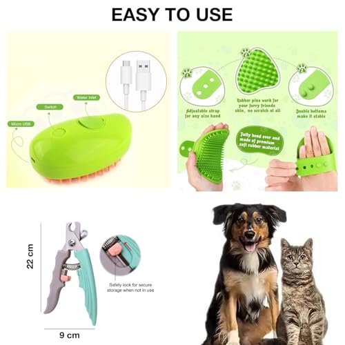 Image of 3-in-1 Pet Grooming Set for Dogs & Cats | Nail Clipper with Safety Lock + Steam Massage Brush + Silicone Glove Brush | Trimming, Bathing, Detangling & Fur Removal | Safe & Easy Home Grooming