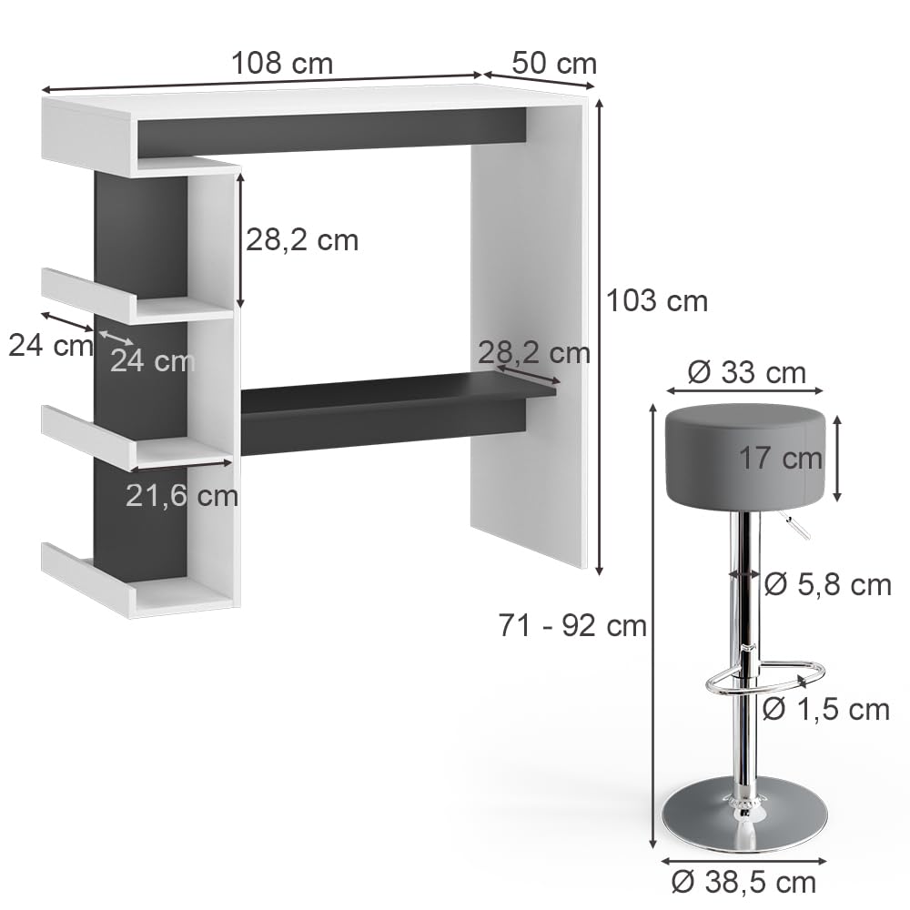 Vicco Bartisch-Set Dana, Weiß, 108 x 50 cm mit 2 Barhockern, mit offenen Ablagen zur Nutzung als Stehtisch