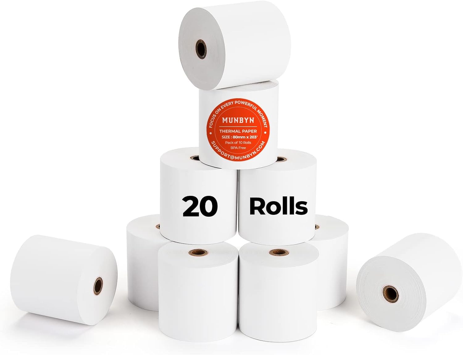 MUNBYN Rouleaux de Caisse 80 mm x 80 mm x 80 m– 65g/m² Rouleau Thermique Compatibles pour Imprimantes Epson, NetumScan et systèmes de caisse Square POS – Sans BPA et certifié FSC【20 Rouleaux】