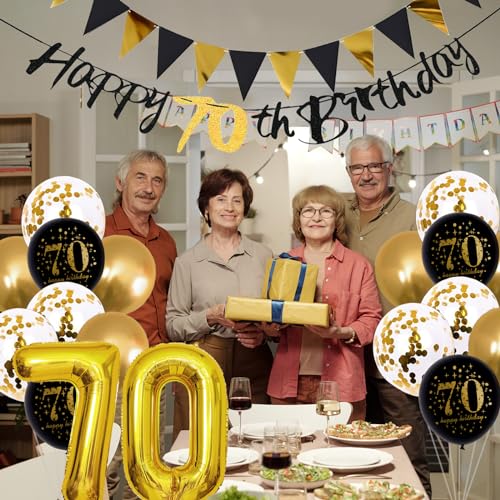 Image of Jobkoo 70th Birthday Decorations Men, Black Gold 70th Birthday Party Decoration Women Golden Black 70th Balloons 70th Cake Topper 70th Banner for 70 Year Old Party Supplies