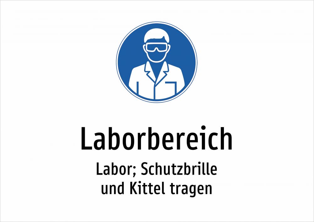 Laborbereich - Labor; Schutzbrille und Kittel tragen – Aufkleber A2: 594x420mm – Mit Grafik und Text