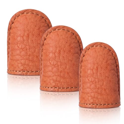 FineCheer 3 Pcs Leather Thimbles for Hand Sewing Adjustable Finger Protectors with 3 Sizes Small Medium Large Durable Leather Thimble Set Metal Free Sewing Tools for Quilting Embroidery Needlework