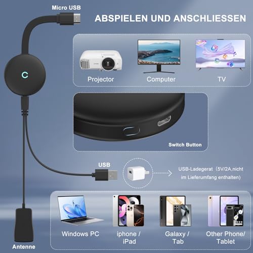 Miracast HDMI Dongle, 4K Wireless HDMI Screen Mirroring Diaplay Streamer Adapter, 5G/2,4 Hz Transmitter and Receiver von Video/Audio Übertragung von Laptop, PC, Smartphone auf TV, Beamer, Monitor