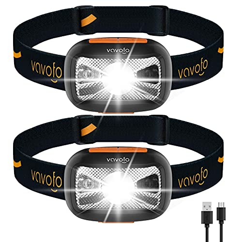 VAVOFO LED Headlamp Flashlight, 2 Pack Rechargeable Waterproof Outdoor Headlight, Bright White Led + Red Light, Motion Sensor Switch, Lightweight, Adjustable Headband, 8 Modes for Camping(Dark Grey)