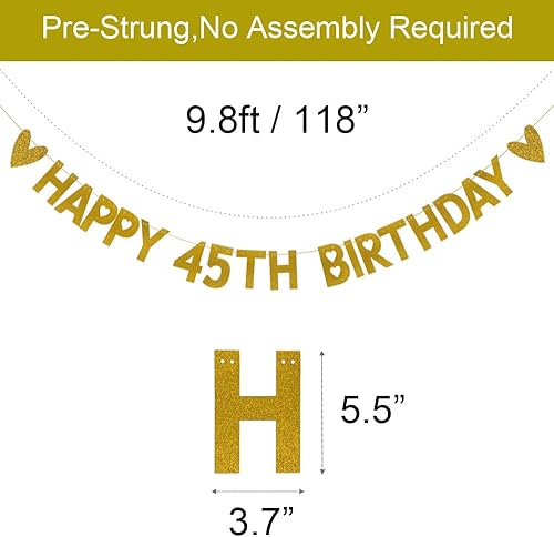 Miniatura 2 de Cartel de feliz cumpleaños 45, pre-encordado, papel dorado con purpurina, decoraciones de fiesta para 45 años, suministros de fiesta de cumpleaños