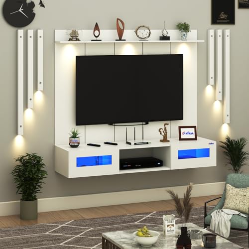 Image of Anikaa OriloPro Engineered Wood Wall Mount TV Unit with PVC Back Panel, Acrylic Blue LED Storage Box, Side Wooden Accent Spot Light Panels I Deal for Up to 50 Inch TV (White - DIY Installation)