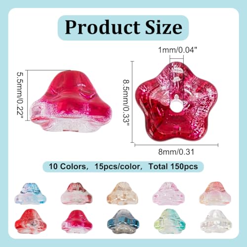 HOBBIESAY 10 Colors 150Pcs Glass Bellflower Beads Mixed Color Trumpet Flower Beads Bellflower Charm Bead Caps for DIY Necklace Bracelets Earring Making Decoration Gifts,Hole:1mm - Image 2