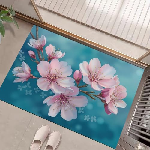 Tapis d'entrée 60 x 90 cm paillasson bleu-vert fleurs de cerisier - 3