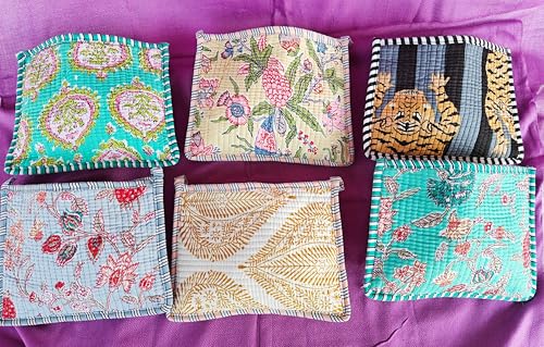 Rastogi Handicrafts Floral Print Quilted Cosmetic Pouches 8X6 Inches Unique Mix Assorted Cotton Multicolor Design 2Pcs Make Up Organizer Currency Bag Storage Bags with Zipper Closure2