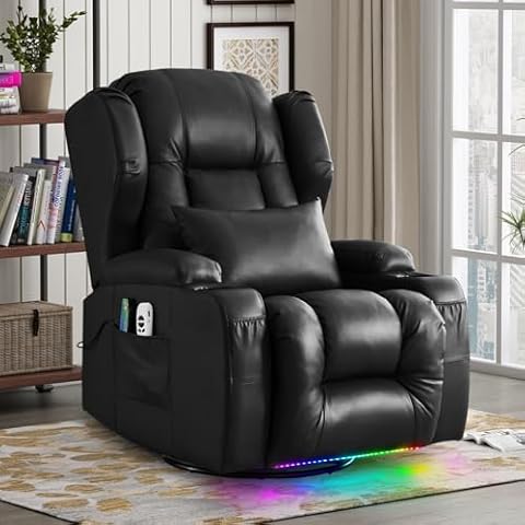 SENIFIS Power Recliner Chair, 270° Swivel Rocker Recliner Chair for Adult with Massage & Heat, Electric Swivel Glider Reclining Sofa Chair for Living Room with USB, Led Light (PU-Black) Cover