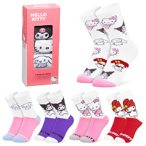 Hello Kitty Chaussettes Femme et Ado EU 35-41, Lot de 5 Paires Respirantes, Chaussettes Fantaisie, Idee Cadeau Femme
