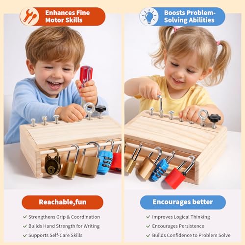 Image of INIFEIDALA Montessori Screwdriver Board Set - Lock and Key Toy | Busy Board Toys for 3 4 5 Year Olds Boy Birthday Gifts,Kids Tool Set,Preschool Learning Sensory Fine Motor Skills STEM Toys