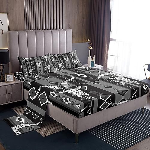 Western Boho Bed Sheets Queen Bull Skull Cowboy Fitted Sheet Black White Grey Southwestern Aztec Sheet Set for Teen Boys Men Ethnic Tribal Geometric Diamond Southwest Flat Sheet 2 Pillow Cases