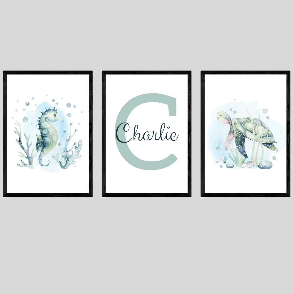Under The Sea Nautical Unframed Baby Boy Girl Nursery Bedroom Set of 3 Poster Prints, Personalised Name, Turtle Seahorse Wall Art Decor, New Baby Gift (A4)