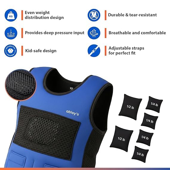 Image of Abley's Kids Weighted Vest for Sensory Integration - Calming Deep Pressure Sensory Vest for Autism, SPD, ADHD - Adjustable Neoprene Body Wrap with 6 Removable Weights - Blue, Large (2 KG)
