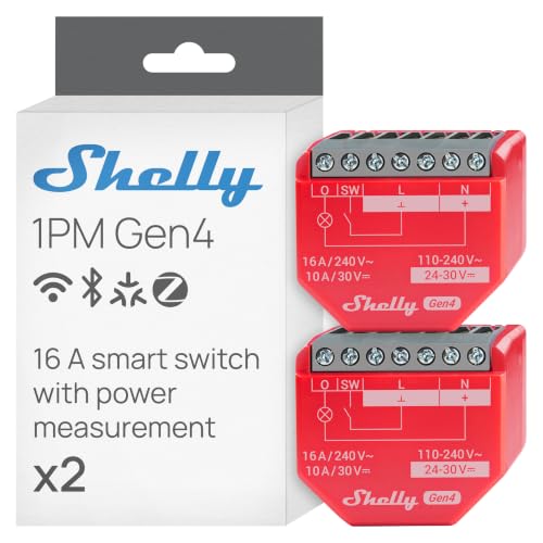 Shelly 1PM Gen4 - Interrupteur Matter, Zigbee, Wi-Fi, 1 Canal 16A, Mesure de consommation électrique, Éclairage connecté, Contrôle app, Compatible Apple Homekit, Alexa, Google, SmartThings - Lot de 2