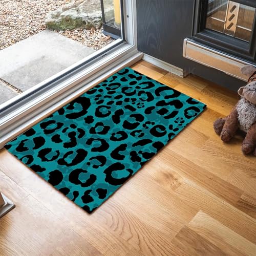 Tapis d'entrée intérieur léopard turquoise 80x120 cm lavable