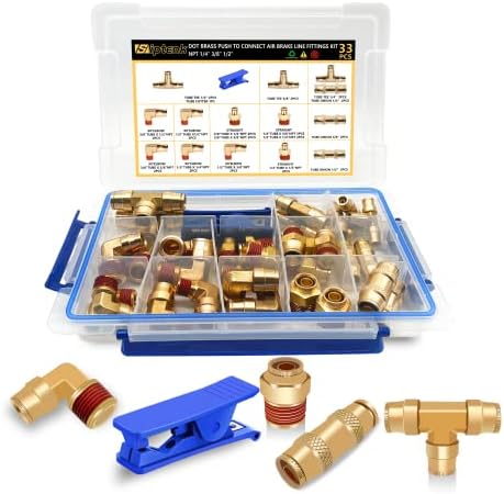 Siptenk DOT Air Fittings 33PCS, Brass Air Brake Line Fittings 1/4" 3/8" 1/2" Push to Connect Fittings Kit with Tube Cutter Air Brake Connector Kit for Truck Industry Air System