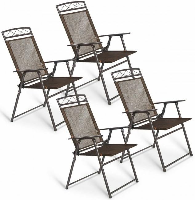 4X Coffee Folding Sling Chairs Steel FFor rame 250lb Capacity 22.4x26.8x36.6in Textilene UV-Resistant Patio Chairs with Armrests