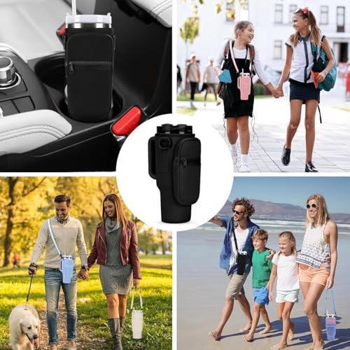 Image of House of Quirk Water Bottle Carrier Bag with Phone Pocket for Stanley 40 /30 oz Tumbler Neoprene Water Bottle Holder Pouch with Adjustable Strap (Black)