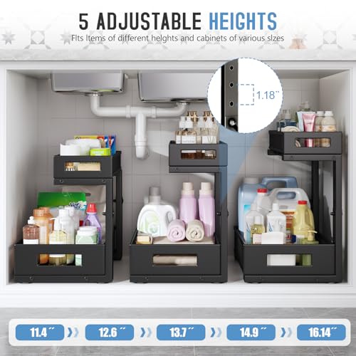 Image of 1 Pack-11.4 inch-16.14 inchH Under Sink Storage Organizer, Large 2-Tier Elegant Mesh Pull Out Shelf for Kitchen and Bathroom Cabinet Organization, L-Shaped and Adjustable Height Design for Maximum Space-Black