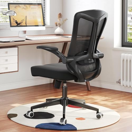 Image of Comfy Office Chair, Adjustable Lumbar Support Desk Chair, Black | Ergonomic Office Chair with Flip-up Armrests, 400LBS Capacity Breathable Mesh Computer Chair for Home Offices, Study, Gaming