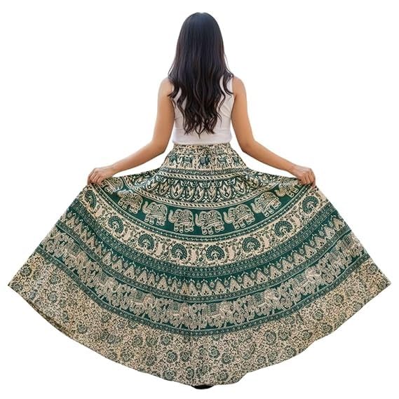 Image of HARSHITA-Enterprises Jaipuri Women's Cotton Printed Elastic Long Skirts
