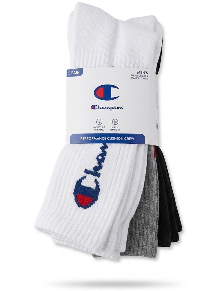 Image of Champion Men's Cushioned Crew Socks 5-Pack - Moisture-Wicking Athletic Crew Socks with Arch Support (Sizes 6-12)