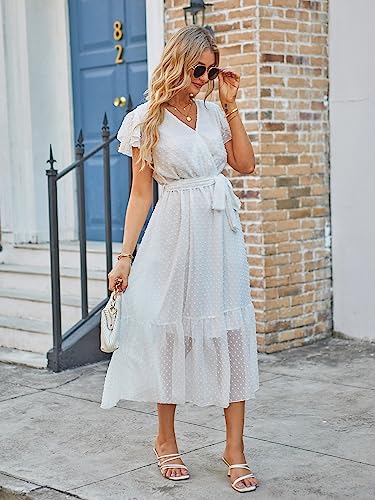 Image of VintageClothing Womens Sundress Casual Floral Summer Boho Dress | Flowy Wrap V Neck Ruffle A-Line Pleated Hem Midi Dresses