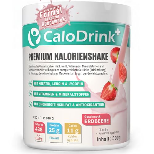 𝗖𝗮𝗹𝗼𝗗𝗿𝗶𝗻𝗸+ Trinknahrung hochkalorisch zur Gewichtszunahme mit verbesserter Rezeptur | Weight Gainer Shake 4,4 kcal/g zum Zunehmen | Protein, Kreatin & Vitamine | Aufbaukost Erdbeere 500g