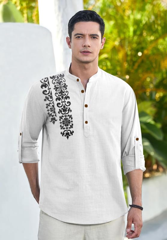 Image of Macsivo Cotton Blend Solid Casual Short Kurta for Men Long Sleeve Mandarin Collar Stylish Shirt Kurta for Men