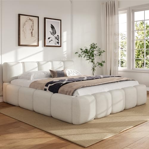 King Size Cloud Boucle Grounded Bed with Upholstered Headboard & Footboard for Kids/Teens/Adults Bedroom, Marshmallow Floor Platform Bed w/Wooden Slats Support, No Box Spring Needed & Noise-free