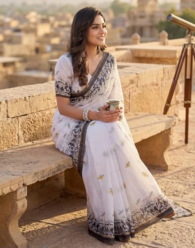 Image of SIRIL Women's Printed Cotton Linen One Minute Ready to Wear Saree With Unstitched Blouse Piece