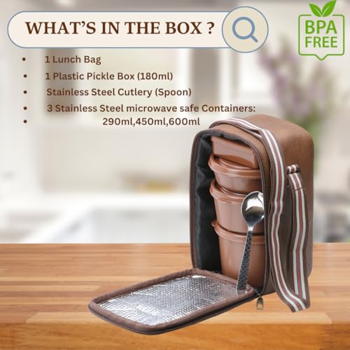 Image of KOI TiffinPro Lunch Box Set with Insulated Bag, 3 Microwave Safe Inner Steel Containers (290ml, 450ml, 600ml), Plastic Pickle Box(180), Spoon | Ideal for School, College, Office| Color-Memphis Brown