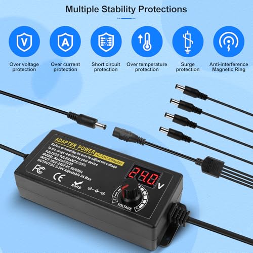 Universal Power Supply 3V~24V 3A 72W DC Power Supply Variable Universal Switching AC/DC Adapter, 100V-240V AC to DC Converter with LED Voltage Display and 14 Tips, Test Lead, Polarity Converter4