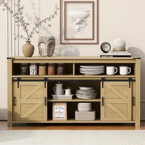 59.3'' Farmhouse Sideboard with Sliding Barn Door & Mesh Panels - Rustic Buffet Storage for Living Room, Kitchen, Hallway, Office (Brown & White)