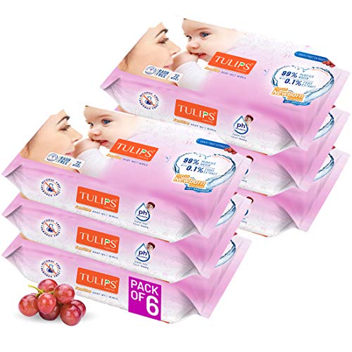Image of Tulips Sensitive Baby Wet Wipes (72 Wipes x 6 Pack), for Gentle Cleaning /Moisturising, Rash Free, 99% Purified Water with Grapefruit Extracts