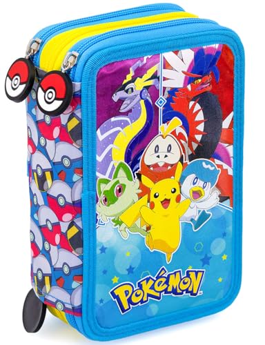 Clondo Plumier Triple – para Fans de Pokémon – 45 Piezas: bolígrafos Gel, lápices, rotuladores, Tijeras, Pegamento y más – Estuche Escolar Completo Ideal para Primaria y Regalo, Azul