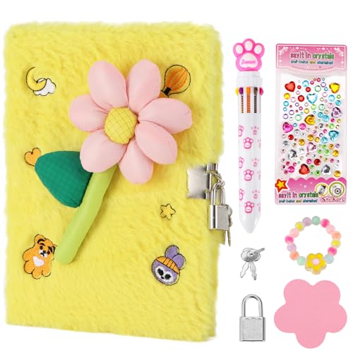 DICVUTE Diario de flores rosas con cerradura, regalo para niñas de 6, 7, 8 años, bonito cuaderno de flores con bolígrafo multicolor, notas Post-it, calcomanías, pulsera, regalo de cumpleaños para