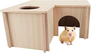 Multi-Rooms Wooden Hut Natural Habitat Cage for Small Animals, Large Size Wood Hideout, Detachable House for Guinea Pigs, Hamsters, Chinchillas