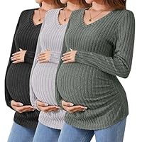 Ficerd Umstandsshirts 3-teilig Langarm Schwangerschaftskleidung V-Ausschnitt Gerippte Passform Mama-Pullover Thermo-Oberteile(Armeegrün, Hellgrau, Schwarz,S)