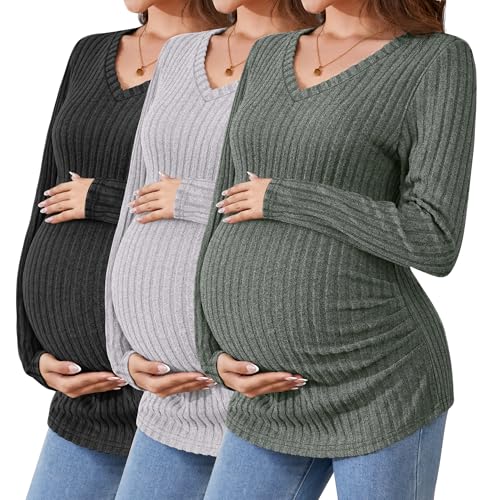 Ficerd Umstandsshirts 3-teilig Langarm Schwangerschaftskleidung V-Ausschnitt Gerippte Passform Mama-Pullover Thermo-Oberteile(Armeegrün, Hellgrau, Schwarz,S)