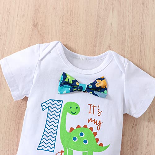 Baby Boys 1st Birthday Outfit Cake Smash Bow Tie Romper Dinosaurs Bodysuit Bloomers Y Back Suspenders Pants Set3