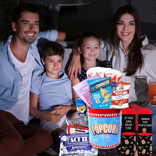 Perfect POPCORN LOVER Movie Night. Gift set, Game Night Snacks Gift Basket box | w/Socks, Tin, Popcorn Variety, Birthday gift for Kids or Family, Graduation, College