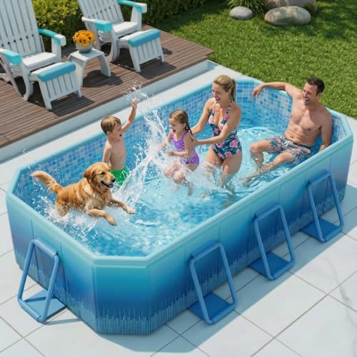 118" Foldable Pool for Adults and Kids,Non-Inflatable Swimming Pool with Metal Frame,Thickened PVC and PP Board Support,Extra Large Stable Collapsible Pool for Family Dogs Backyard Outdoor Blue