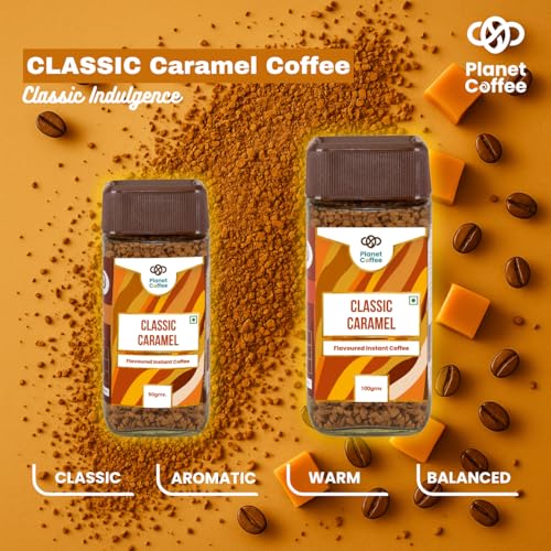Image of Planet Coffee | CLASSIC Caramel Coffee | 100 Gms Jar | Pure Arabica | Freeze-Dried Instant Coffee | No Added Sugar | Makes 50 Cups | Medium Roast | Flavoured Coffee