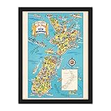 1938 Pictorial Map Fun Map of New Zealand Artwork Framed Wall Art Print 18X24 inch Carte Carte Nouvelle Zélande Mur