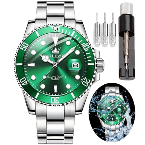 OLEVS Watch for Men Diamond Business Dress Analog Quartz Stainless Steel Waterproof Luminous Date Two Tone Luxury Casual Wrist Watch (IN-5885-White Steel - Green Surface ﻿)